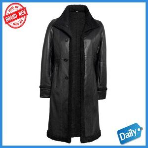 Real Lambskin Leather Trench Coat with Shearling Collar, Size M